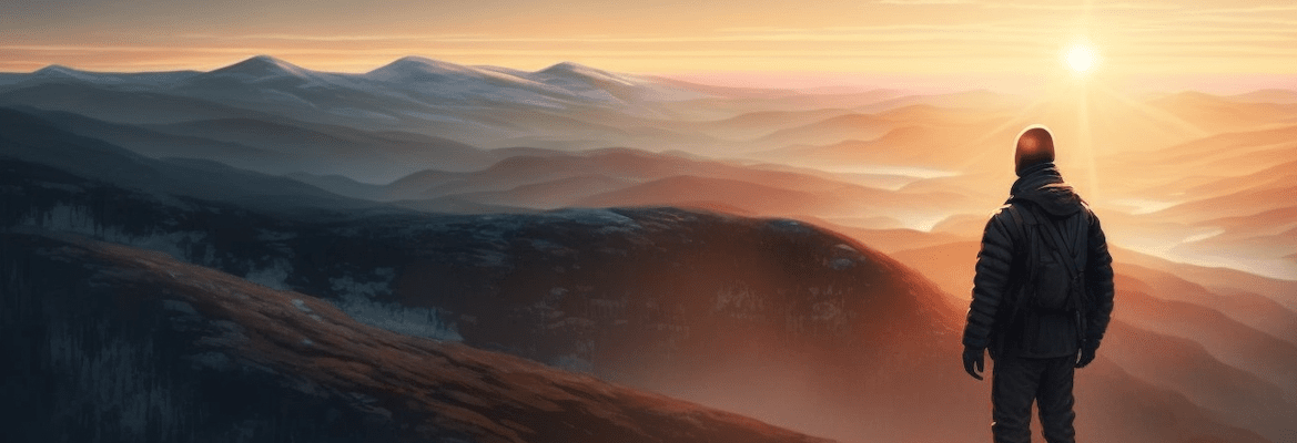 A person looking toward a sunrise over mountains